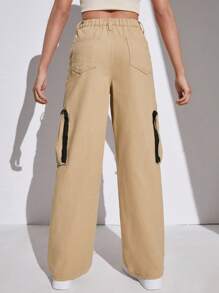 SHEIN Teen Girl's Cargo Style Pocketed Straight Leg Jeans - Khaki - View 2