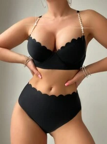 SHEIN Swim Summer Women's Bikini Set With Arc-Shaped Rim And Faux Pearl Decoration - Black - View 5