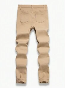 SHEIN 青少年男孩時尚高彈性破洞牛仔褲，可愛熊和字母印花，水洗 - 卡其色 - 查看 2