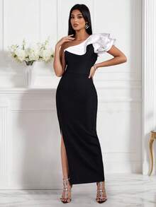 Vestido elegante de un solo hombro con volantes, ajuste entallado y abertura alta en color negro y blanco - Blanco y Negro - Ver 6