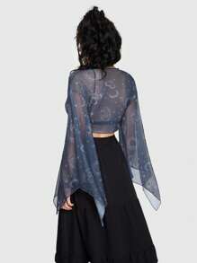 ROMWE Hippie Short Cropped Mesh Blouse With Sun, Moon & Stars Pattern And Flared Sleeves Tie Front - Blue - View 8
