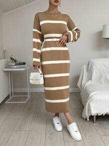 EURMUSE Women's Striped Drop Shoulder Sweater Dress - Brown - View 6