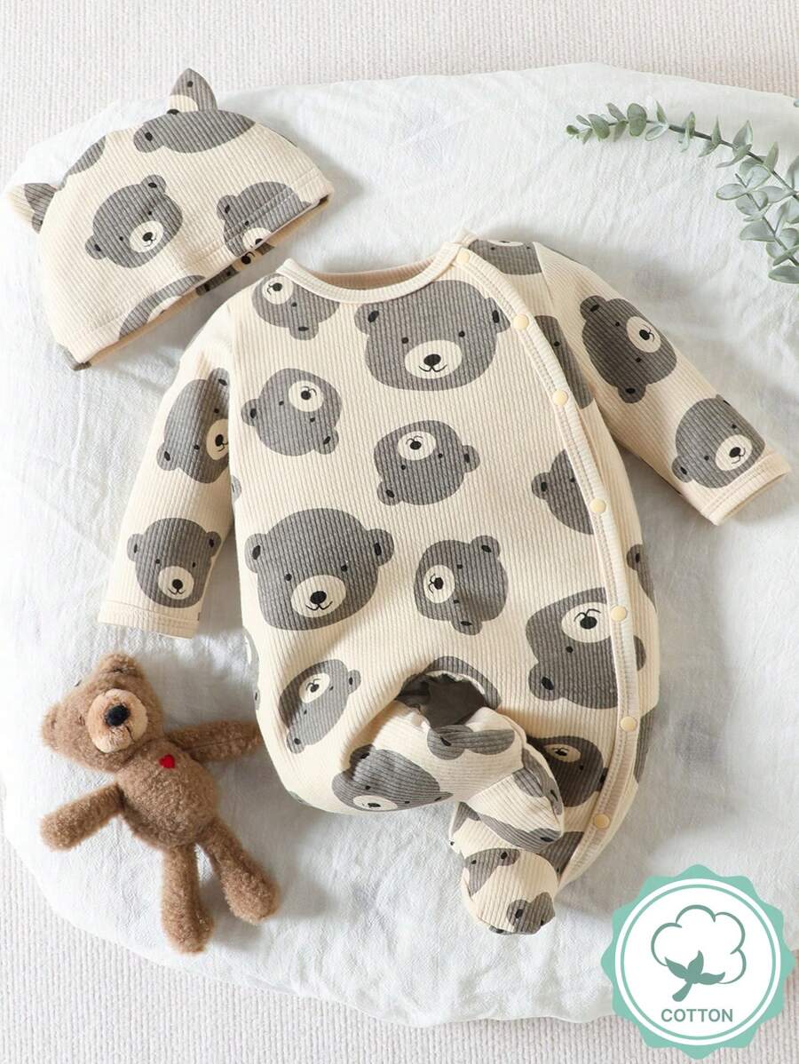 SHEIN 寶寶女孩舒適可愛熊印花睡衣連腳套和帽子套裝