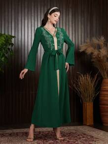 Al Najma Arabic Style Plant Embroidery Patchwork Woven Belt Dress - Green - View 7