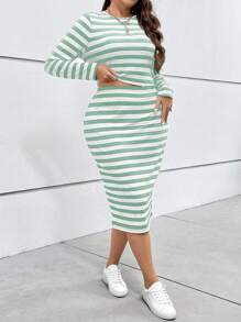 SHEIN Essnce 大尺碼女士長袖條紋t恤和裙子套裝 - 薄荷綠 - 查看 1