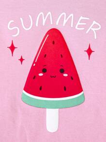 SHEIN Em bé Cô gái Vừa Khít Giải trí & Thoải mái Dệt kim Phim hoạt hình dễ thương In Ngắn tay Áo Và Quần short Trang phục mặc nhà Bộ - Hồng - Xem 5