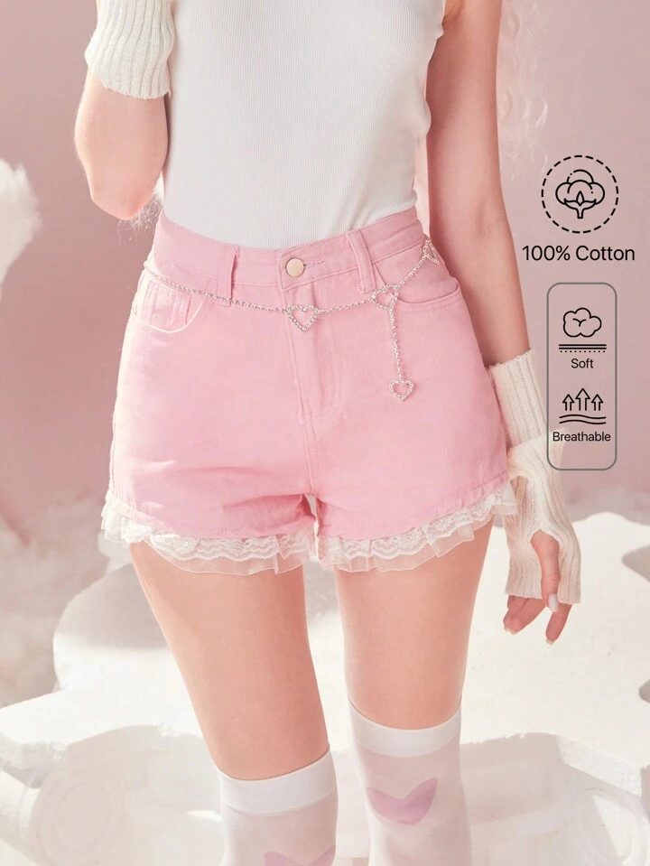 Our Kawaii Contrast Lace Denim Shorts is such a vibe - ROMWE