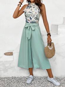 SHEIN Frenchy 女款植物印花掛脖上衣與褲子套裝 - 藍白色 - 查看 1