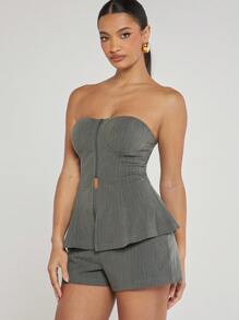 Hauture Pinstripe Zip Tube Top & Shorts Two Piece Set - Grey - View 3