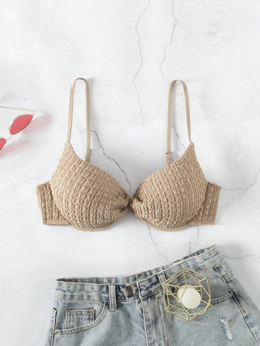 SHEIN Swim Damen Strukturiertes Bikinioberteil Mit Gedrehter Vorderseite - Khaki - Übersicht 1