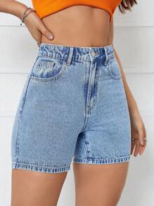 SHEIN Privé 休閒修身牛仔短褲 - 淺色水洗藍 - 查看 5