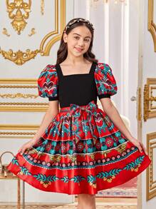 SHEIN Tween Girls' Cute Square Neck Puff Sleeve Shirt And Retro Printed A-Line Skirt Two Pieces Set - Multicolor - View 1