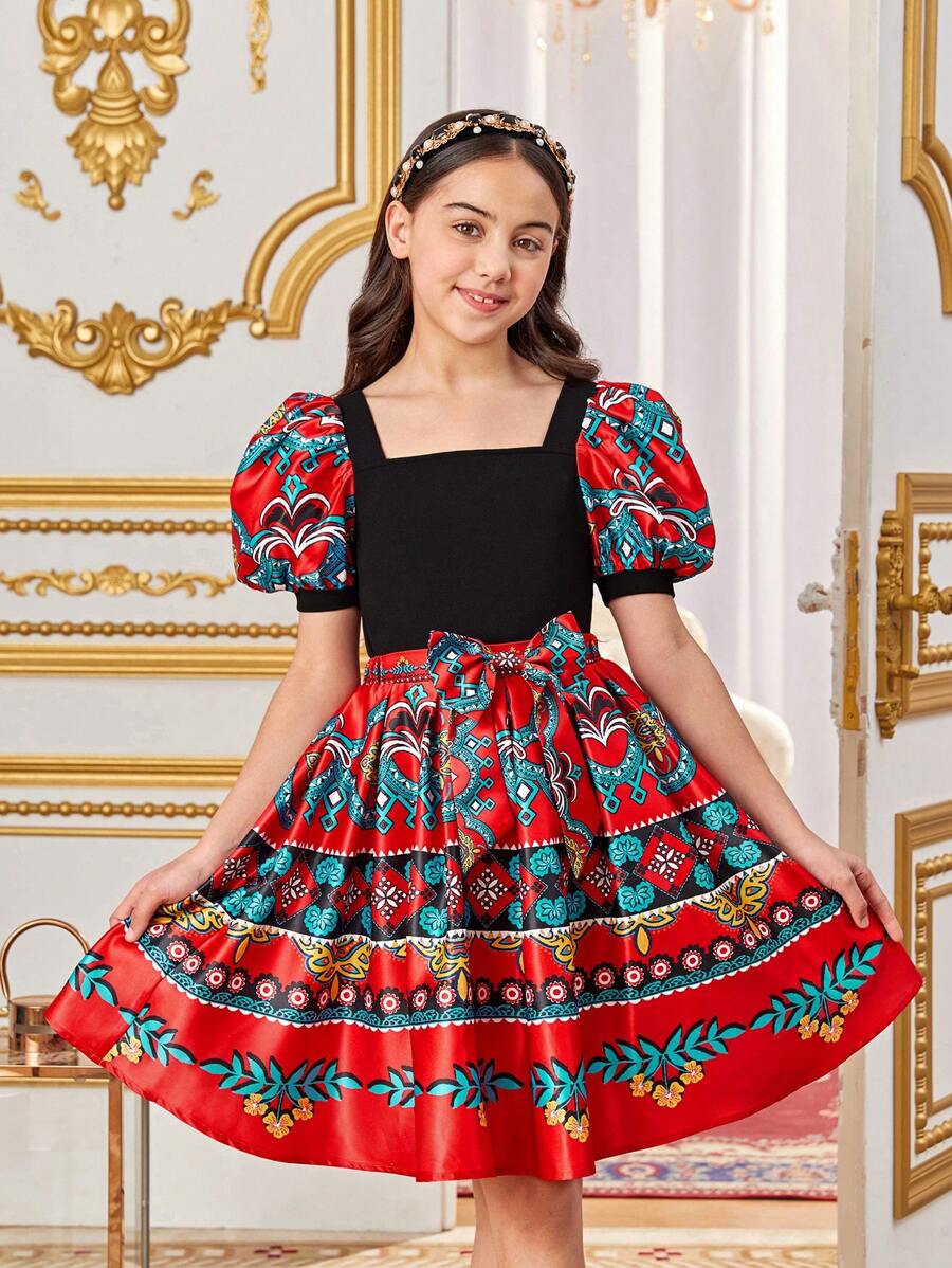 SHEIN Tween Girls' Cute Square Neck Puff Sleeve Shirt And Retro Printed A-Line Skirt Two Pieces Set - Multicolor - View 1