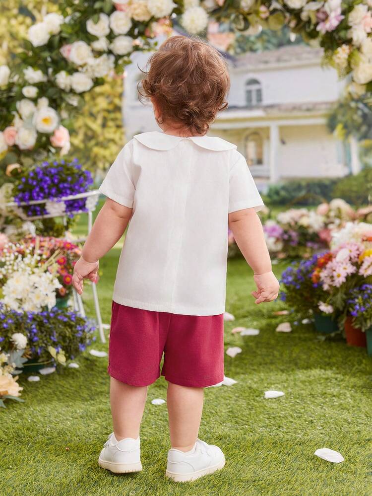 Baby Boy's Casual Two Pieces Outfit With Short Sleeve Color Block T-Shirt And Wine Red Shorts