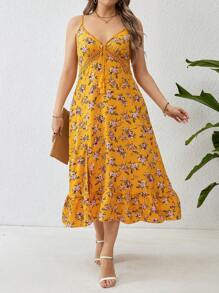 Breezaya Kích thước lớn Của phụ nữ Hoa In Dây đeo Mì Ý  Bên Viền mép Đầm - Màu vàng - Xem 3