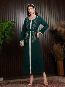 Al Najma 女士水晶装饰编织腰带拼接优雅卡夫坦连衣裙，优雅晚会连衣裙 - 綠色 - 查看 8