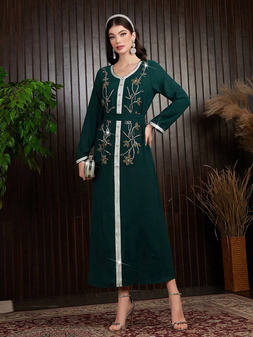 Women's Crystal Decorated Woven Belt Patchwork Elegant Kaftan Dress, Elegant Evening Party Dress