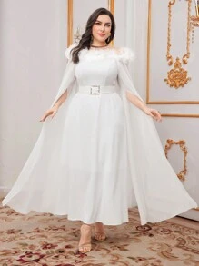 Modelyn Plus Size Women's Off Shoulder Dress With Ruffle Hem And High Slit - White - View 5