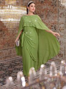 Al Najma Ladies' Shiny Sequin V-Neck Wrap Dress,Elegant Evening Party Dress Long Evening Dresses - Green - View 6