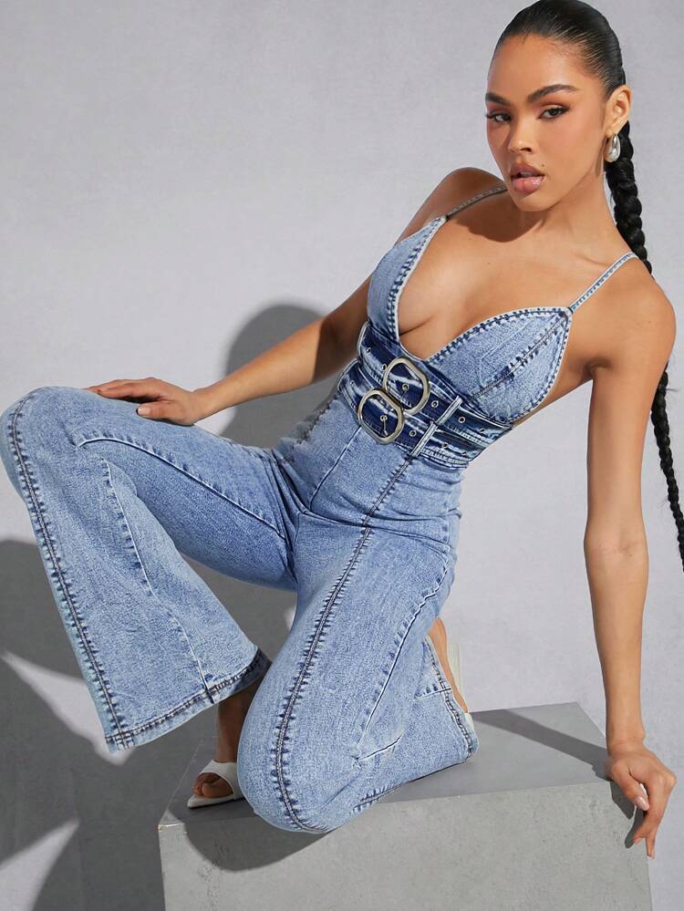 Buckle Plunging Neck Cami Sexy Denim Jumpsuit