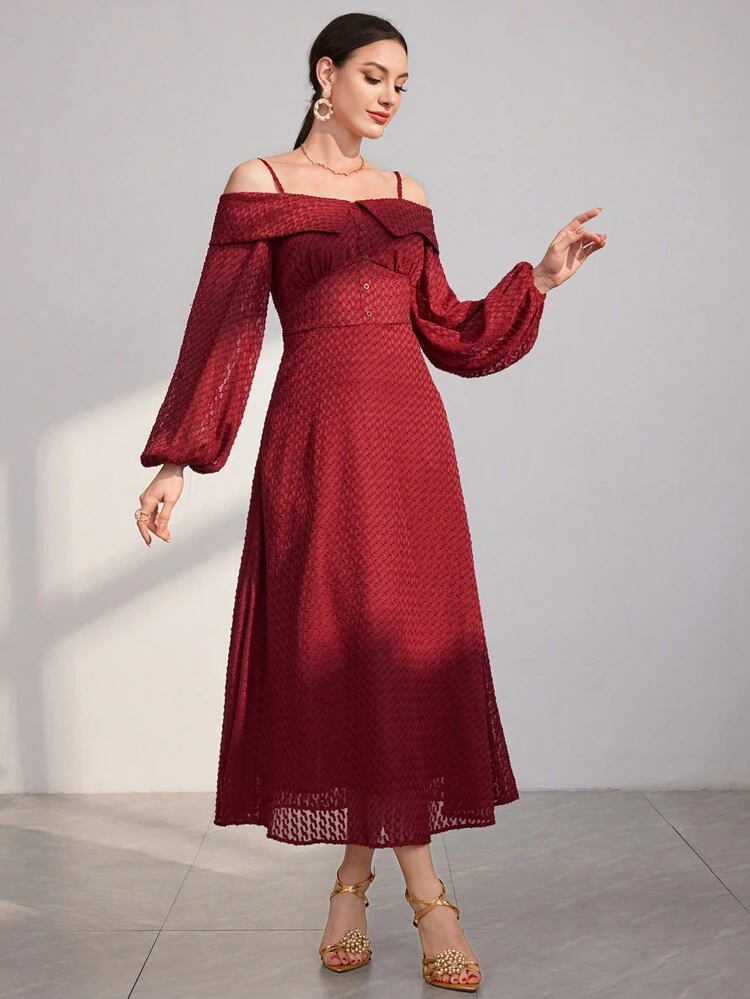 Burgundy Red Women's Cold Shoulder Lantern Sleeve Arabian Dress Long Evening Dresses
