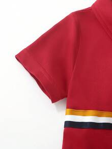 SHEIN 2pcs/Set Young Boy's Striped Short Sleeve Polo Shirt With Embroidery Detailing And Pants - Burgundy - View 4