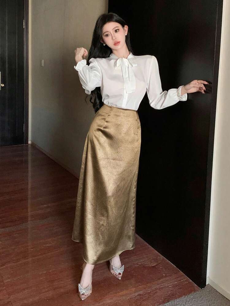 Ladies' Long Glossy A-Line Skirt Prom Skirt,Fall Clothes Winter Women Skirts