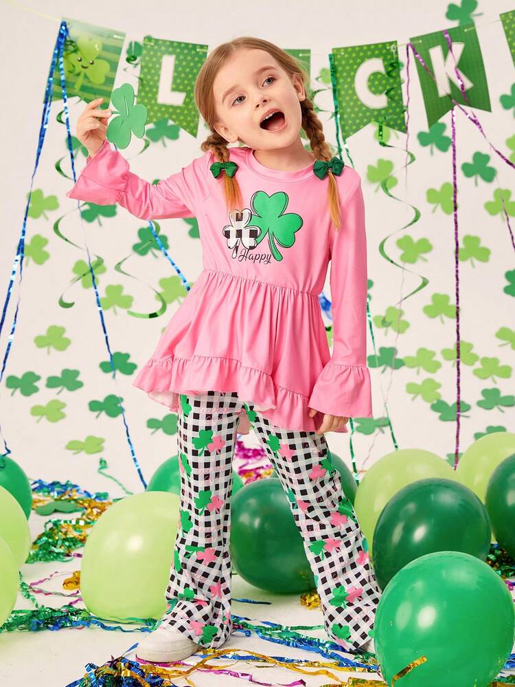 Toddler Girls' Ruffle Edged Clover Print Top And Bell-Bottoms Pants Set