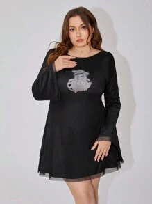 SHEIN Qutie Kích thước lớn Của phụ nữ Hoạt hình Cô gái In Lưới Hai lớp Mùa Xuân Đầm - màu đen - Xem 3