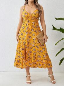 Breezaya Kích thước lớn Của phụ nữ Hoa In Dây đeo Mì Ý  Bên Viền mép Đầm - Màu vàng - Xem 7