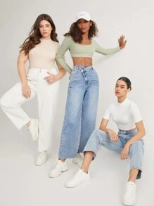 SHEIN BASICS Mock-neck Crop Solid Tee