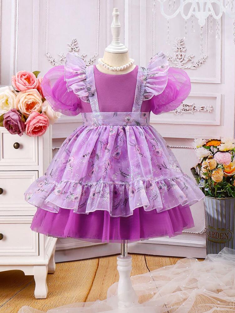 Young Girls' Floral Printed Patchwork Puff Sleeve Dress