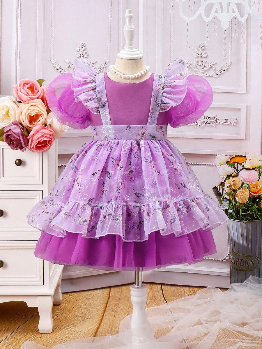 SHEIN 少女花卉印花拼接蓬蓬袖連衣裙 - 紫色 - 查看 1