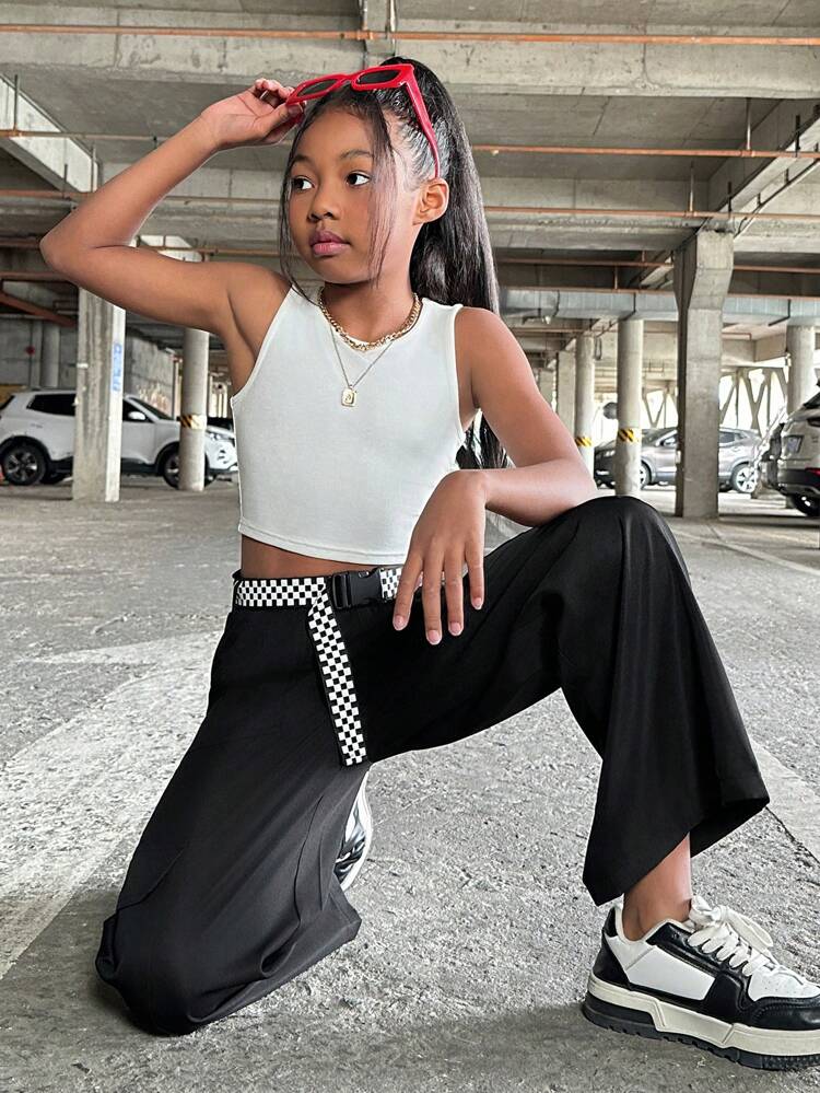 Tween Girls' Cool Street Style Knit Round Neck Top And Straight Pants For Spring/Summer