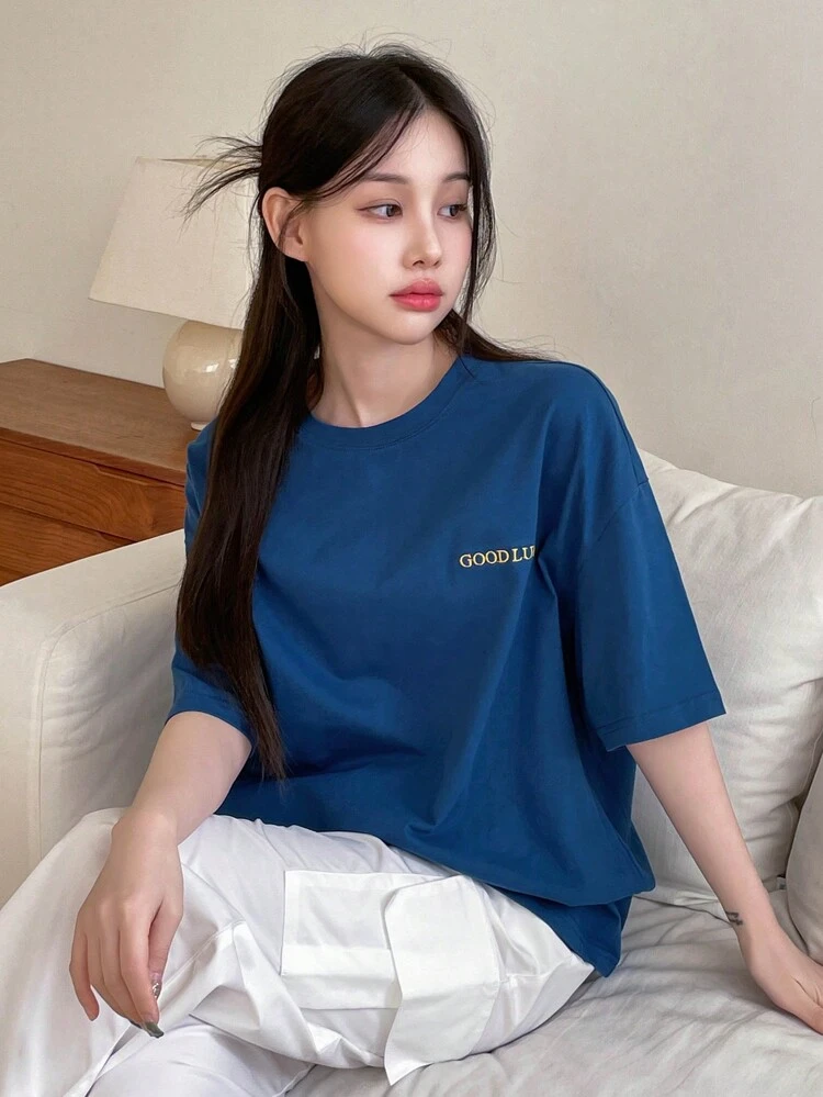 Women's Drop Shoulder T-Shirt With Letter Embroidery Summer Oversized T-Shirt Preppy Tops