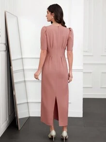 Modelyn V-Neck Puff Sleeve Dress - Dusty Pink - View 2
