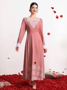 Divindia 女式刺繡裝飾長袖洋裝 - 粉色 - 查看 6