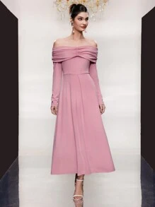 Modelyn Women's Solid Color Pleated Off Shoulder Long Sleeve Dress Long Evening Dresses Fall Cloth For Women - Pink - View 6