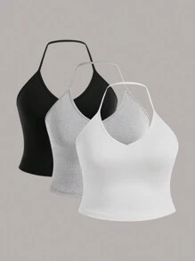 SHEIN Privé Plus Size Women's Elegant Halter Neck V-Neck Crop Top, Spring/Summer, 3pcs/Set - Multicolor - View 6