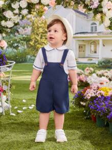 2 piezas Conjunto de top con cuello Peter Pan y pantalones cortos con tirantes azules para bebé niño, elegante y lindo atuendo informal de caballero para uso diario, primavera/verano - Multicolor - Ver 6