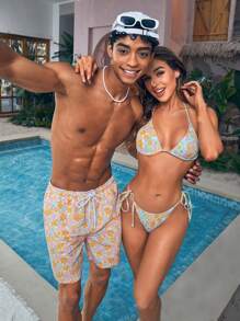 Manfinity 男士花卉图案印花沙滩短裤，带斜口袋，情侣款泳池短裤，适合海滩、度假 - 黃色 - 查看 8