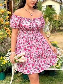 Dreamara Plus Size Women's Off Shoulder Short Sleeve Floral Print Ruffle Hem Dress - Multicolor - View 2