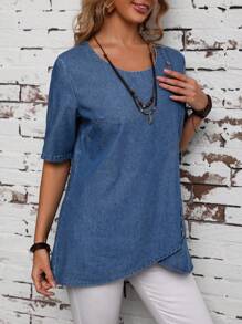 SHEIN LUNE Top De Mezclilla Con Botones Adornados En El Dobladillo Envolvente - Azul - Ver 6