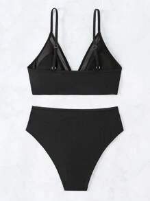 SHEIN Swim 女士网纱插入和褶皱细节比基尼套装，简约性感风格，适合夏季海滩，比基尼套装泳衣海滩装 - 黑色 - 查看 8