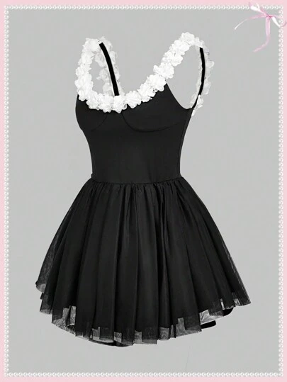 SHEINNeu Balletcore 蝴蝶结 Princesscore 3D 玫瑰对比蕾丝露背缎带网眼黑色连衣裙晚礼服情人节服装生日女士服装