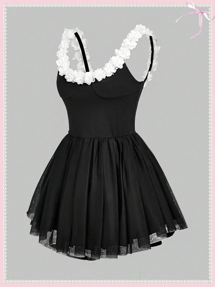 Balletcore Bow Princesscore 3D Rose Contrast Lace Backless Ribbon Mesh Black Dress Evening Dress Valentines Clothes Birthday Women Outfits