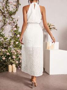 Breezaya Women's Solid Color High Slit Stand Collar Halterneck Dress - Beige - View 2