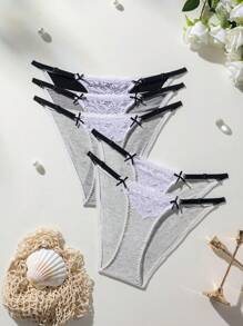 Ladies' Lace Patchwork Thong Panties Lingerie ,3 Pcs - Multicolor - View 4