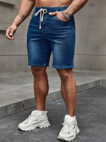 Manfinity Homme 男士束口腰帶口袋牛仔短褲，純色深藍色度假復古款與朋友一起 - 藍色 - 查看 4