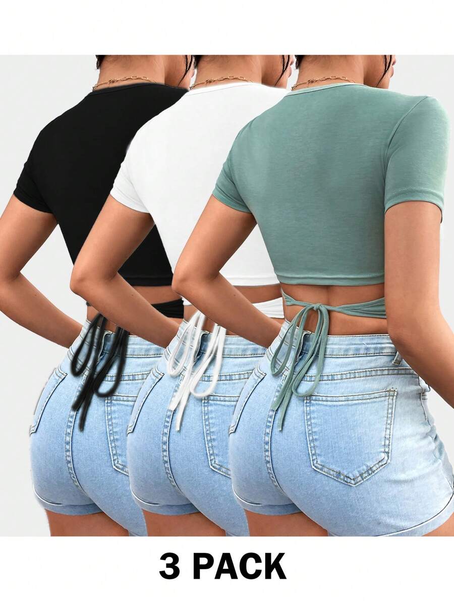 SHEIN Essnce 女士休闲露背打结短袖T恤三件装，夏季款 - 彩色 - 查看 1